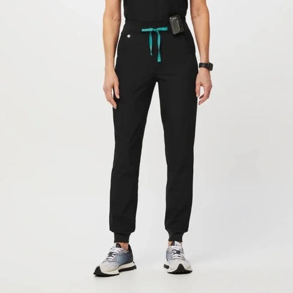 Figs Black Joggers with Teal Drawstring